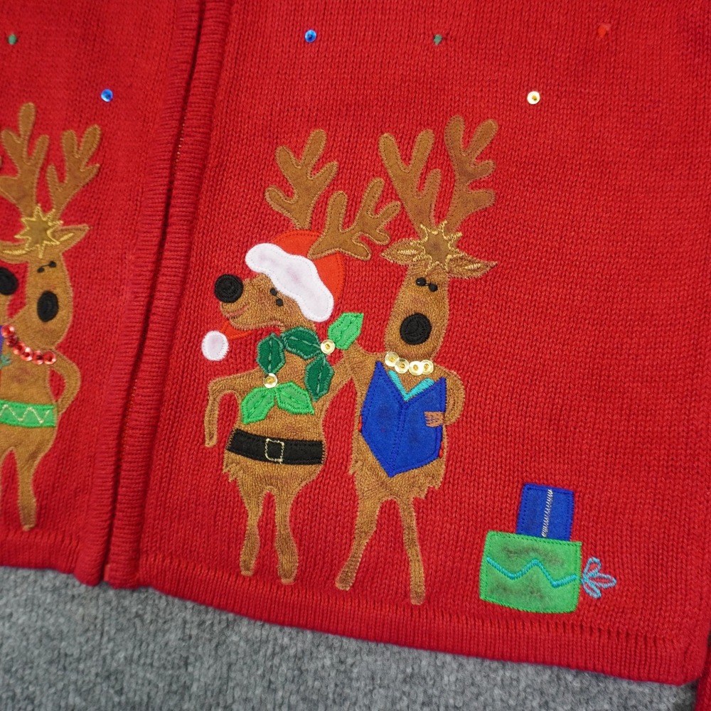 Vintage Reindeer Sequin Ugly Christmas Sweater Jingle Bell Cardigan Women M Red - Picture 3 of 9